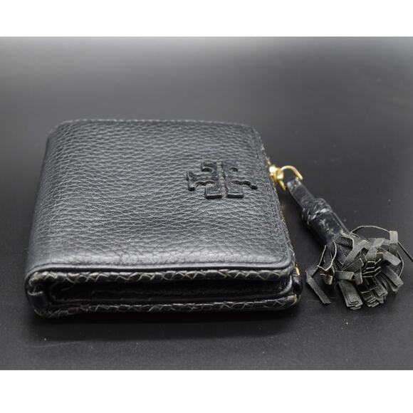 Tory Burch Black Bifold Women's Wallet Tassel Pebbled Leather - Picture 2 of 10